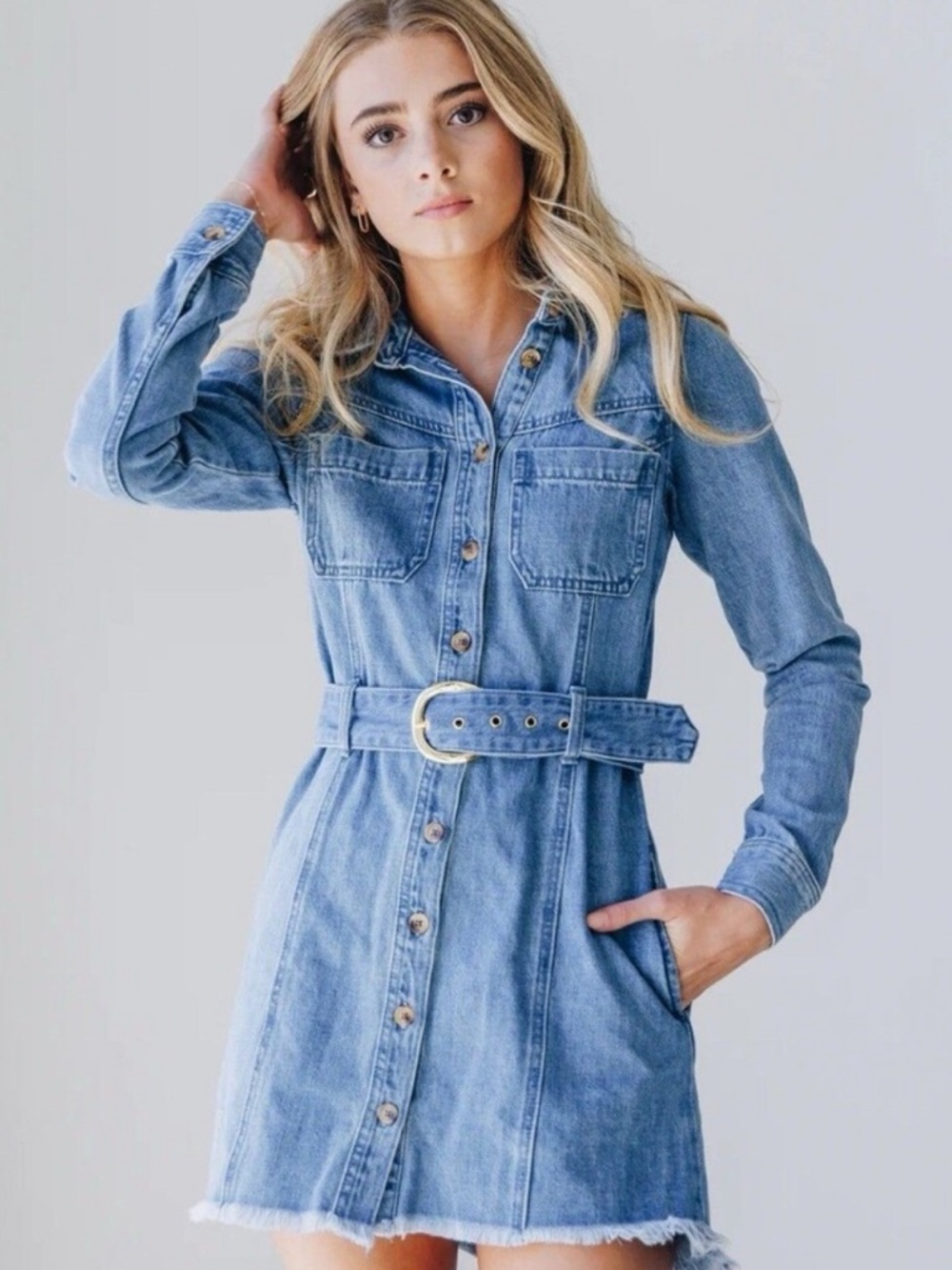 Show me your MuMu button down denim belted dress